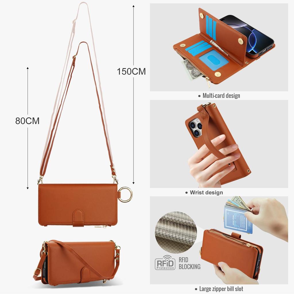 Etui Portfel Skórzany z Miejscami na Karty i Zamkiem Błyskawicznym Etui Klapka na Telefon dla IPhone 17 16 15 14 13 12 11 Pro Max Plus Promax 16e Pierścień Smycz Portmonetka