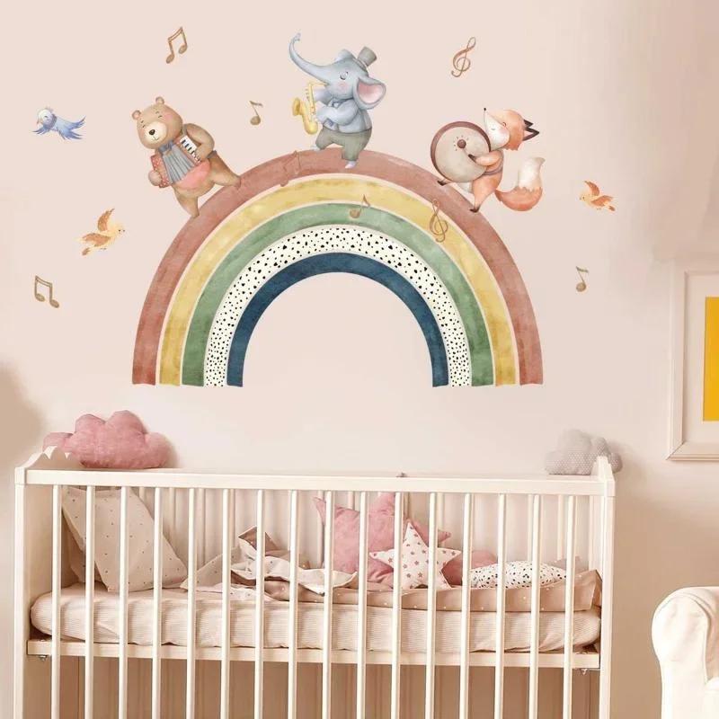 Cartoon Animal Rainbow Wall Stickers Self-Adhesive Fox Elephant Bear Decals Kids Bedroom Home Decor