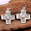 Bohemian-style Cross Shaped Synthetic Moonlight Stone Dangle Earrings for Women Vintage Handcrarved Pendant Jewelry Accessories