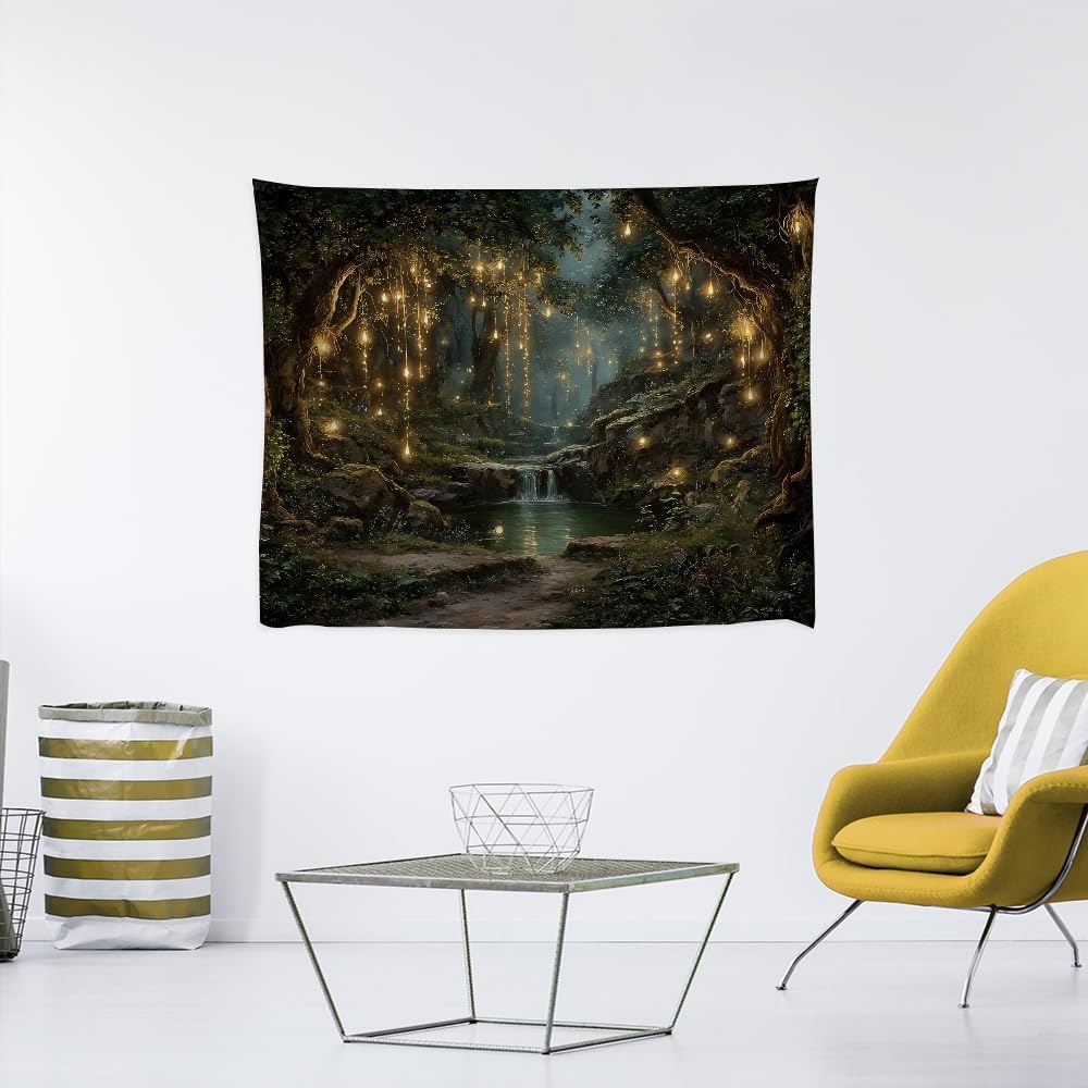 xyeey Gothic Fantasy Enchanted Forest Tapestry Mystical Waterfall Painting Wall Hanging Decor Fairy Lights Nature Landscape Art Vintage Tapestries for