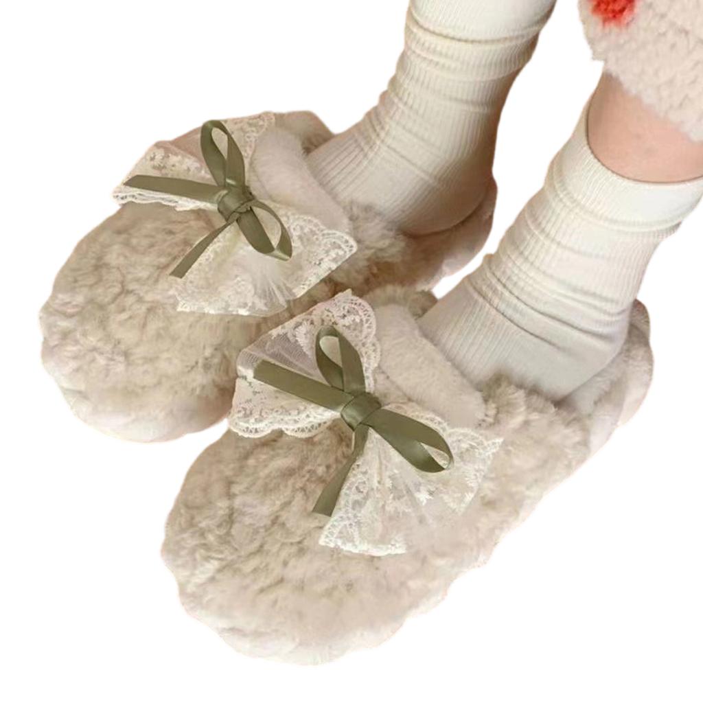Plush Bow Accent Indoor Slippers Soft Fleece Lining Comfortable Slip-On Design Lightweight Cozy Footwear for Home Use