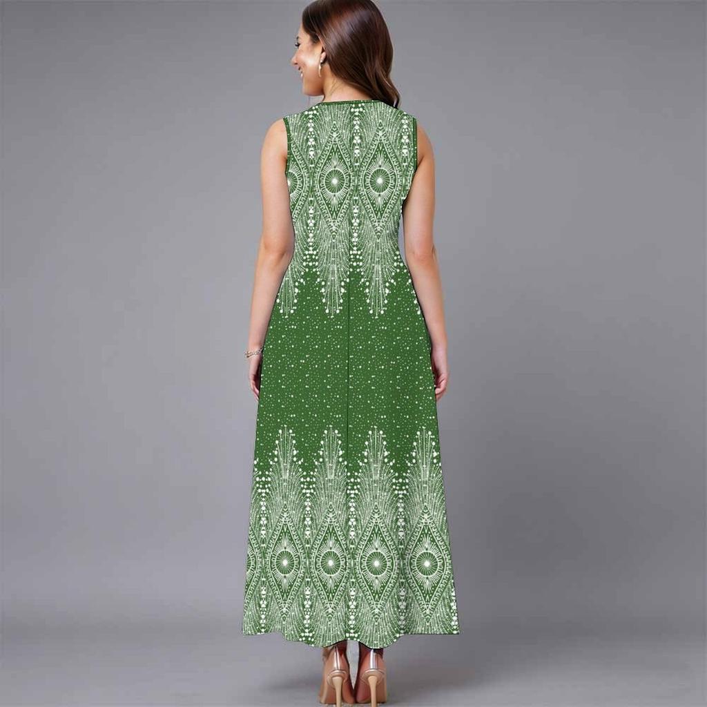 Oversized Women Sleeveless Round Neck Dress Striking Large Floral Pattern Loose Calf Length Gown
