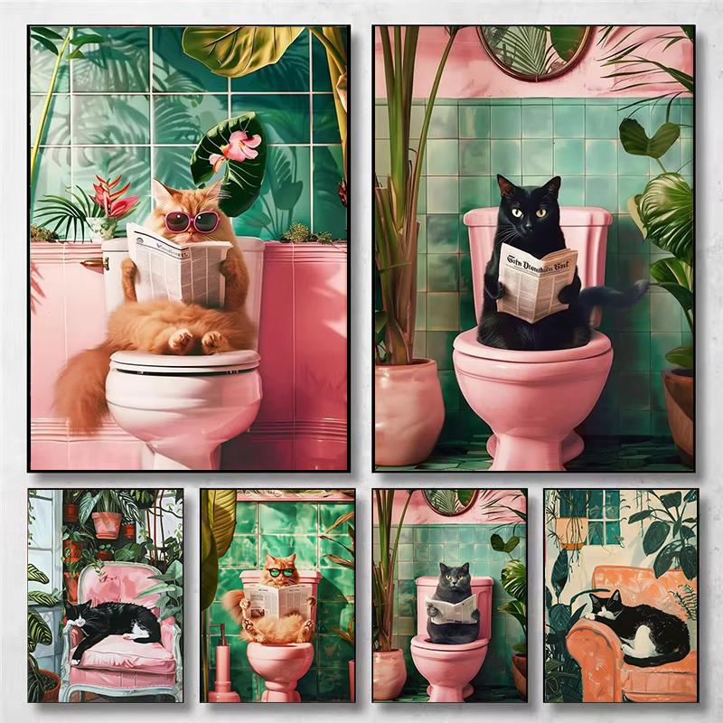 Funny Cat On Toilet Wall Art Cat Reading Newspaper Canvas Posters Print Picture for Home Bathroom Living Room Decor No Frame