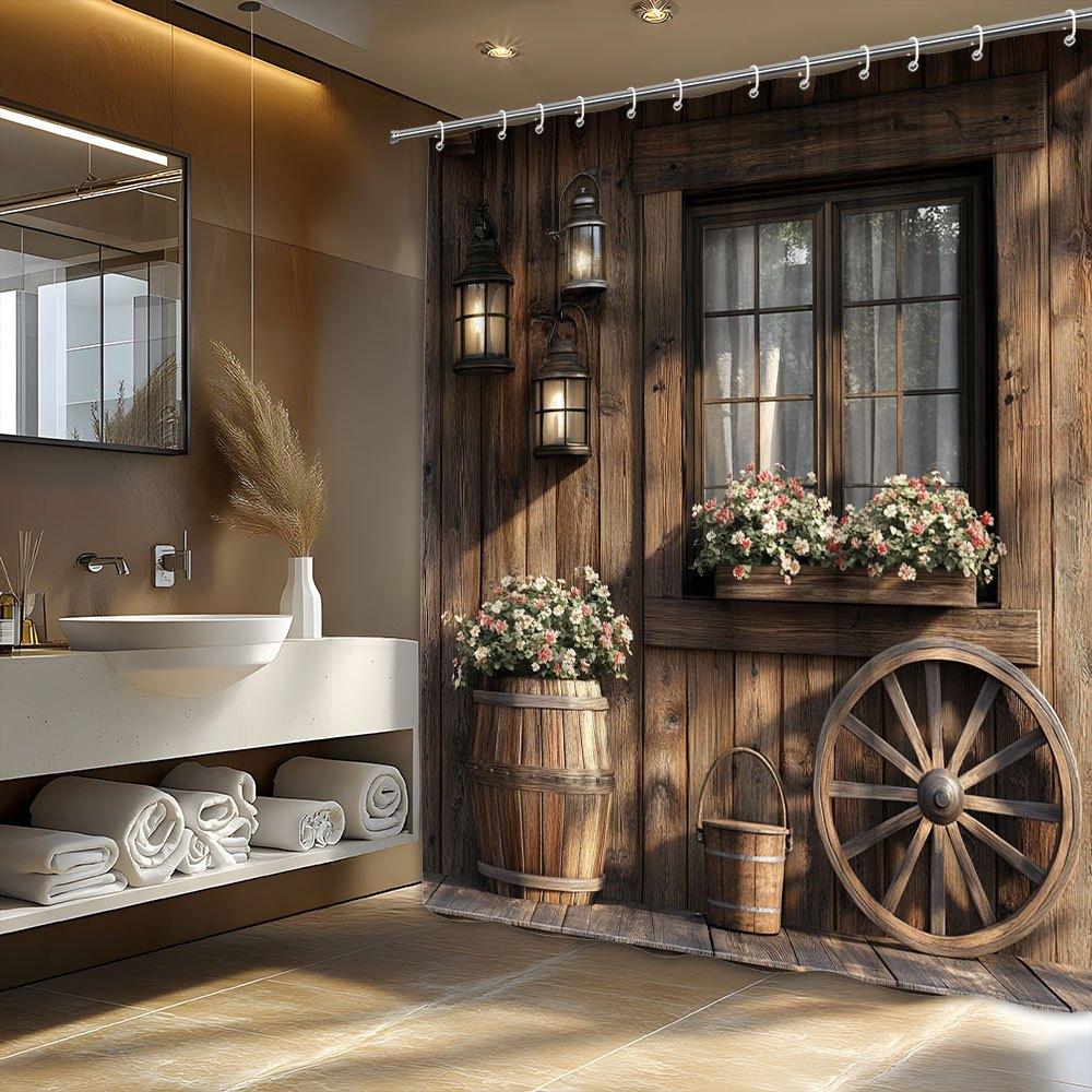 1 Stück rustikaler Holzhütten-Duschvorhang mit Vintage-Laternen, Wagenrad und Blumen-Pflanzkasten-Design - Maschinenwaschbar