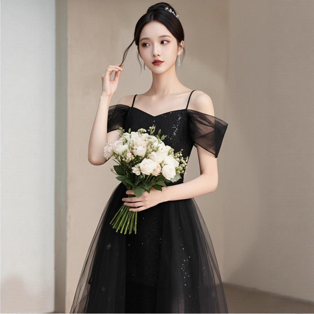 Black Evening Dress Shoulder Premium Birthday Banquet Host Adult Dress Mesh Splicing Mesh Dress
