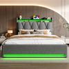140 X 200cm Upholstered Bed Frame with LED Lighting, USB Type-C Charging and Under-Bed Storage, Hydraulic Storage Bed Frame, Grey, No Mattress