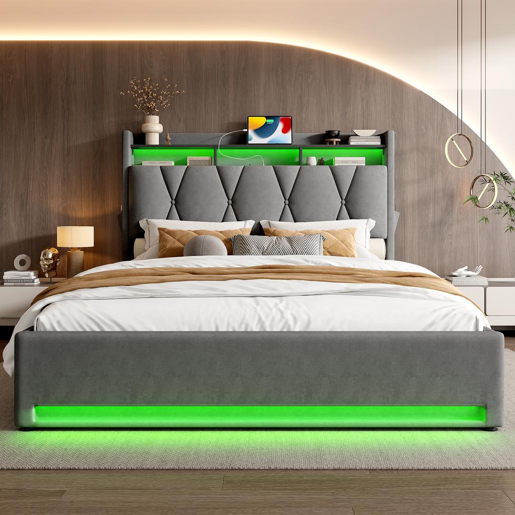140 X 200cm Upholstered Bed Frame with LED Lighting, USB Type-C Charging and Under-Bed Storage, Hydraulic Storage Bed Frame, Grey, No Mattress