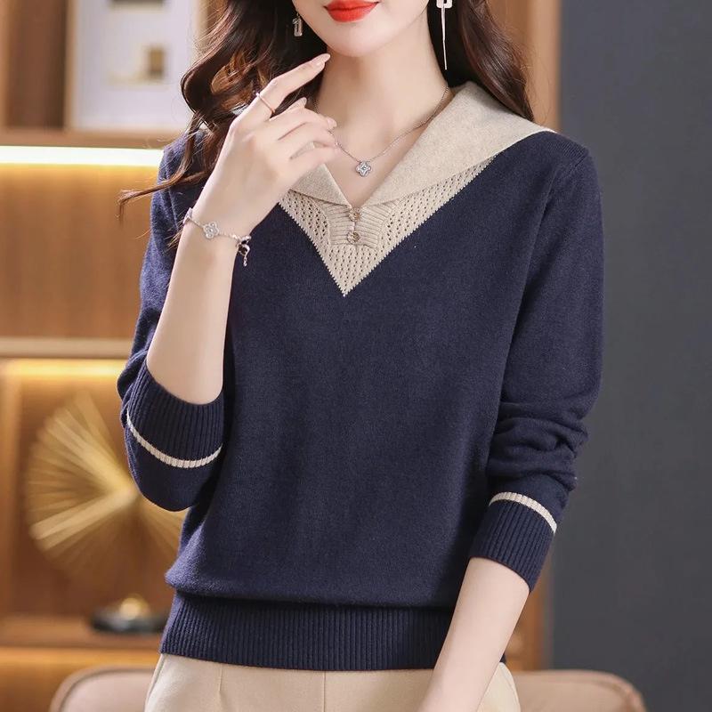 Women Autumn Winter Turn-Down Collar Pullover Color Block Button Long Sleeve Sweater Knitted Tops Female Bottoming Shirt