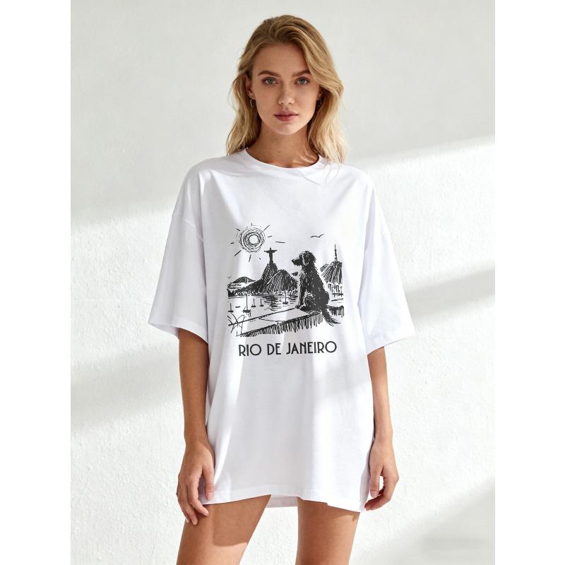 T-shirt Oversize Nera Scena Spiaggia Rio De Janeiro Con Cane E Cristo Redentore Stampa Casual Abbigliamento Estivo