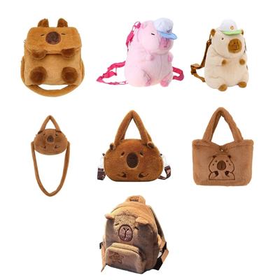 Cartoon Plush Capybara Animal Backpack for Teens Multiple Pockets Student School Bag Zippered Crossbody Shoulder Bag