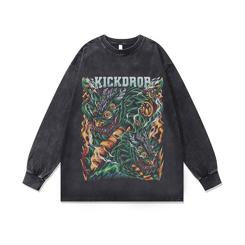 Amerikanische Trendmarke Vintage Retro Racing Digitaler Direktdruck Reine Baumwolle Gewaschen Locker Langarm-T-Shirt Herren