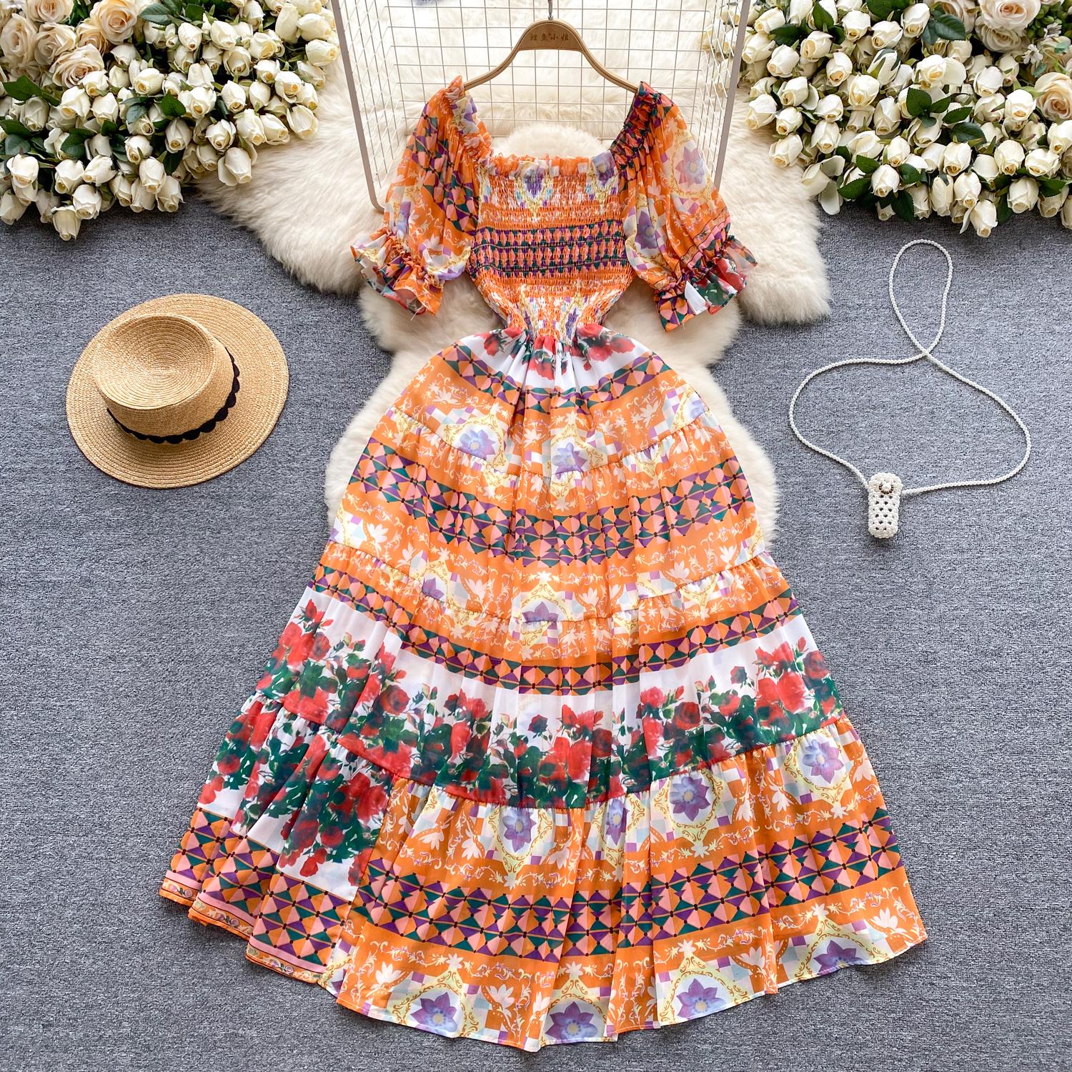 

Платье для женщин с квадратным воротником, пышными рукавами и принтом, шифоновые платья трапециевидной формы со складками, эластичные платья Mujer, летняя Прямая поставка One Size красный/оранжевый