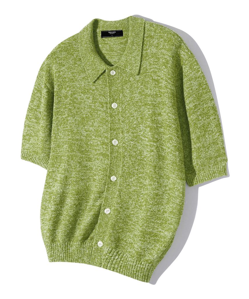 TRILLION Washable Boucle Collar Short Sleeve Knit (Melange Green)