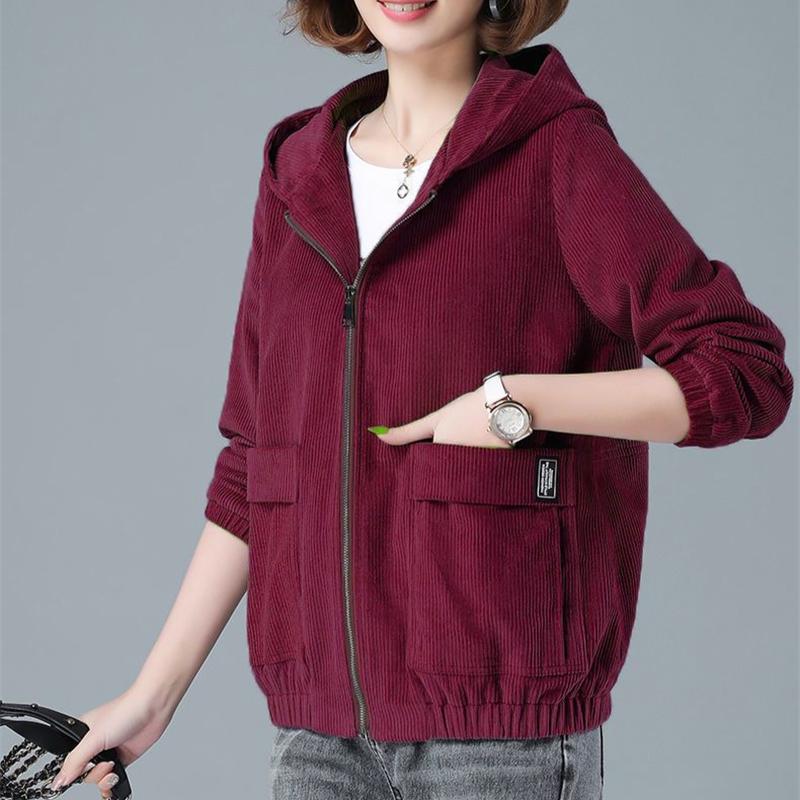 Short Corduroy Spring Coat Womens Autumn New Korean Loose Solid Hooded Jacket Fashion Casual Female Zipper Coat Tops