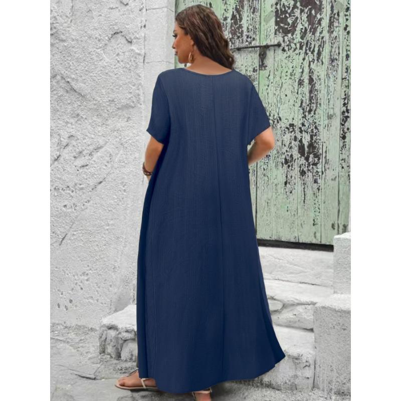 Plus Size Women V Neck Short Sleeve Loose A Line Long Dress With Pockets