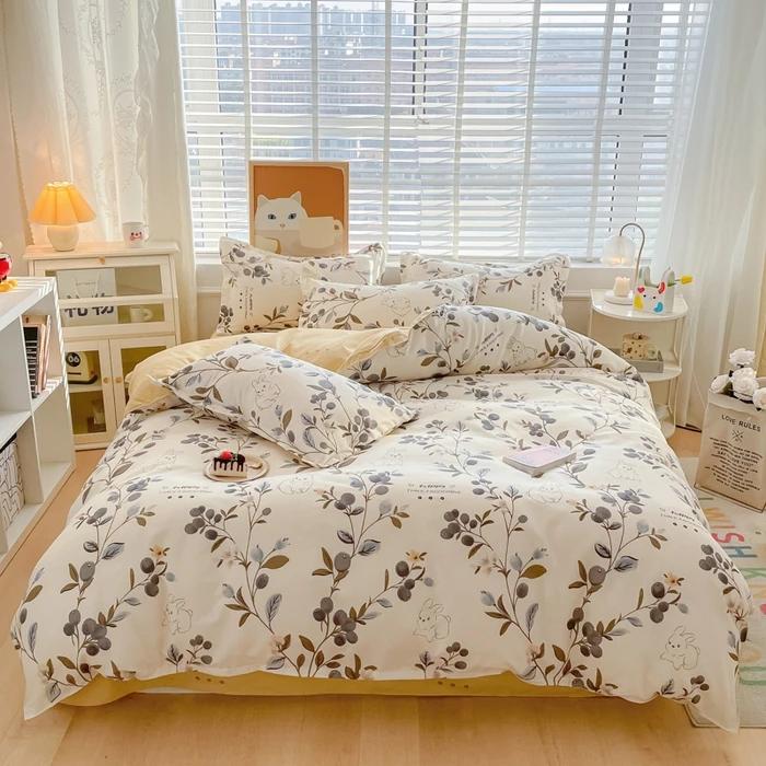 small fresh pure cotton abraded four-piece set, skin-friendly bed sheet washed cotton quilt cover, dormitory three-piece set