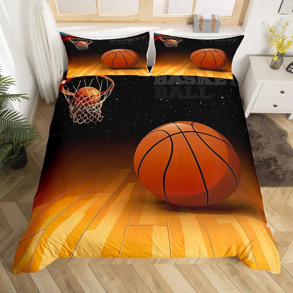 Basketball Court Print Bedding Set Queen Size,Ball Sports Games Themed Duvet Cover, Boys Game Room Decor Comforter Duvet Cover
