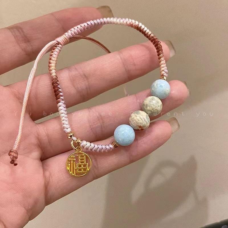 Woven rope bamboo bracelet women's new light luxury niche Shoushan stone beaded jewelry