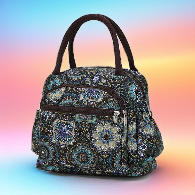Floral Multi-Zipper Lunch Handbag: Oxford Cloth Mommy Bag with Mobile Pocket