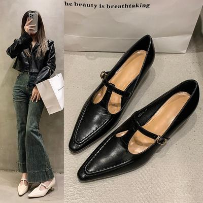 Mode Spitzschuh Schnallenabsatz Einzelne Schuhe Retro Einfarbig Damenschuhe Mittelhohe Absätze Lässig Flacher Ausschnitt Zapatos Mujer