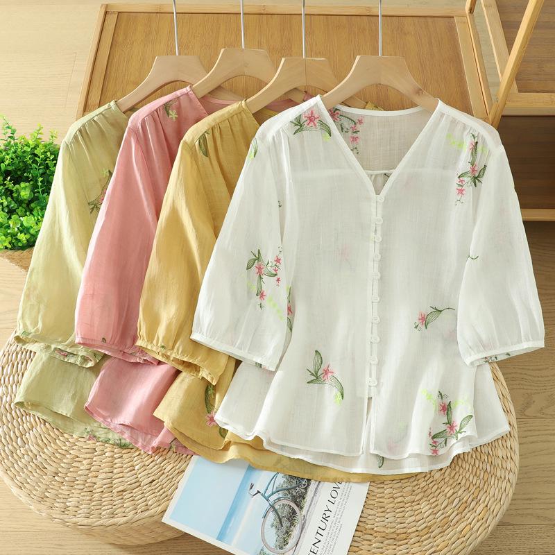 Summer 2025 Women’s V-Neck Chinese Embroidery Shirt: Retro, Loose, Slimming Design