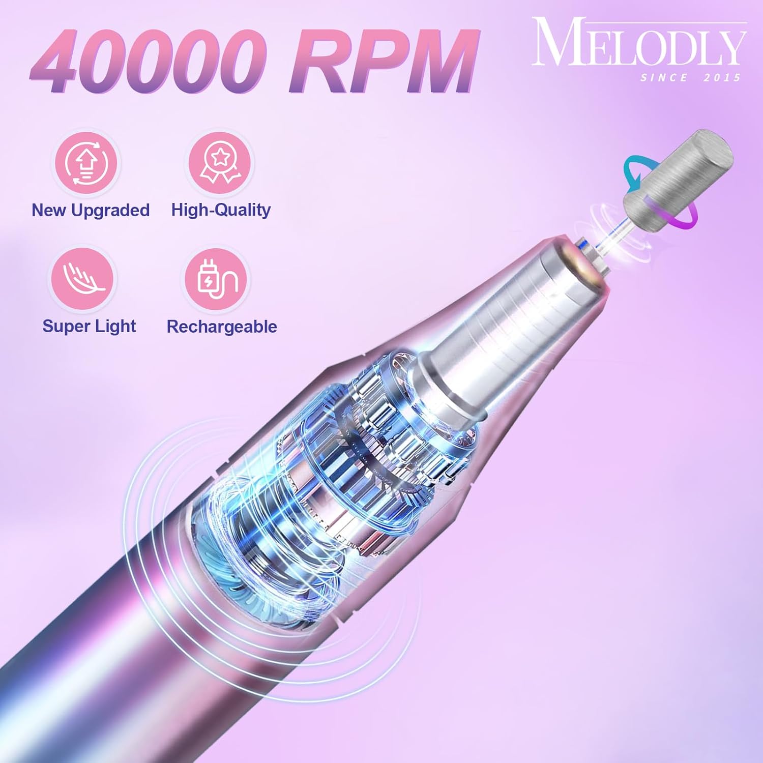 Electric Nail Drill File Professional 40000 RPM, Melodly Rechargeable Electric Nail File Machine Kit for Acrylic Gel Nails Polishing Removing,