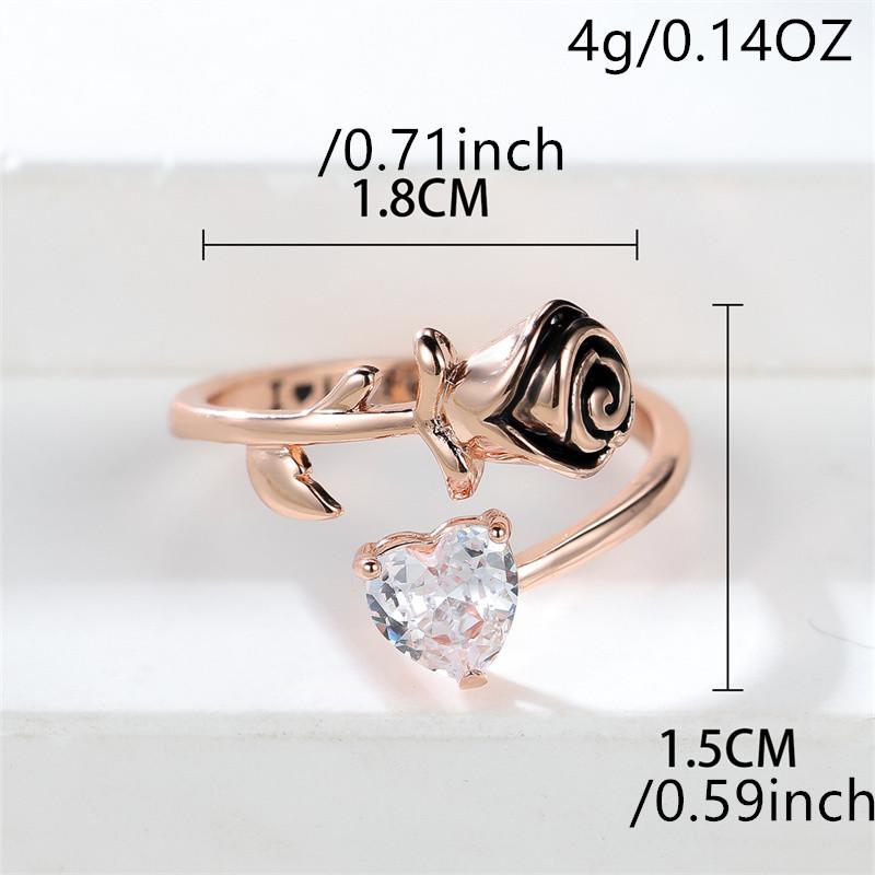 Fashion Female Rose Golden Color Rose Flower Adjustable Ring Luxury Heart Cut White Stone I Love You Forever Wedding Bands Ring Jewelry
