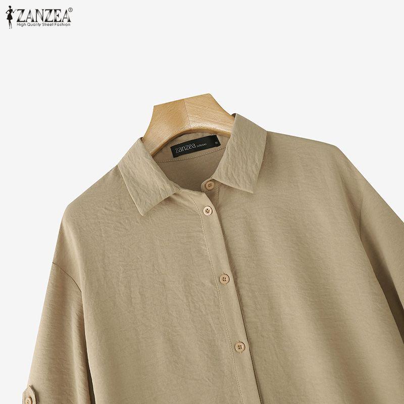 ZANZEA Damen-Kleid, locker, lässig, Umlegekragen, langärmelig, langes Hemdkleid