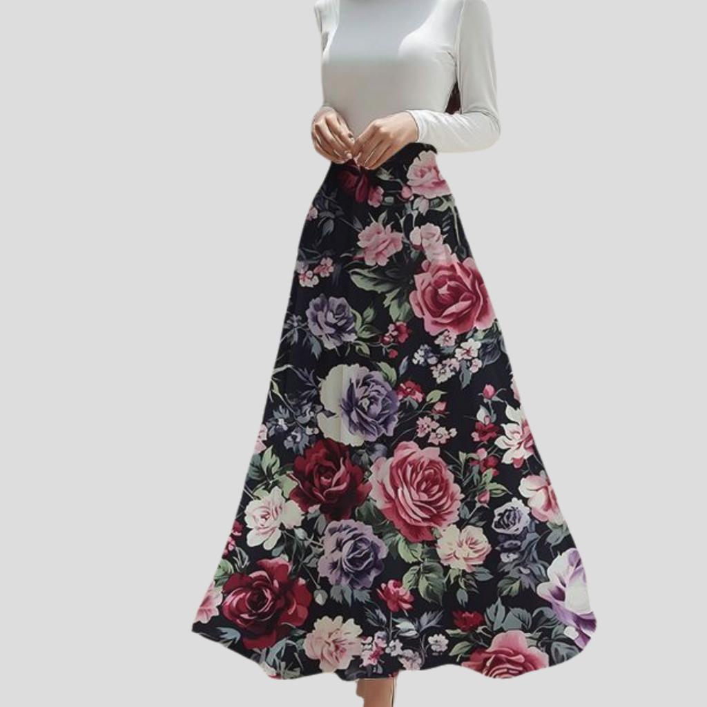 Spring Summer Women's Bohemian Printed Skirt High-Waist A-Line Long Floral Skirt