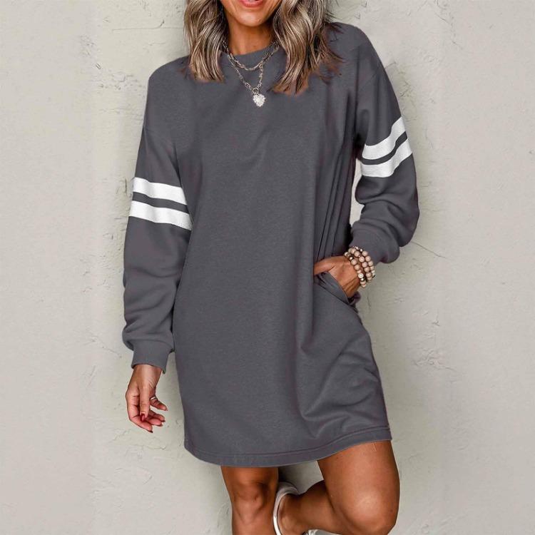 Hoodie Dress Women Casual Fashion Long Sleeve Striped Round Neck with Pocket Sports Wear