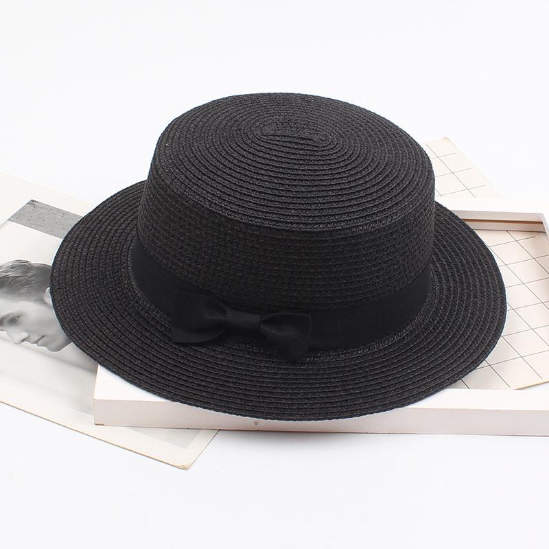 Korean Straw Hat - Retro Bow Flat Top Fedora for Spring & Summer Beach Days