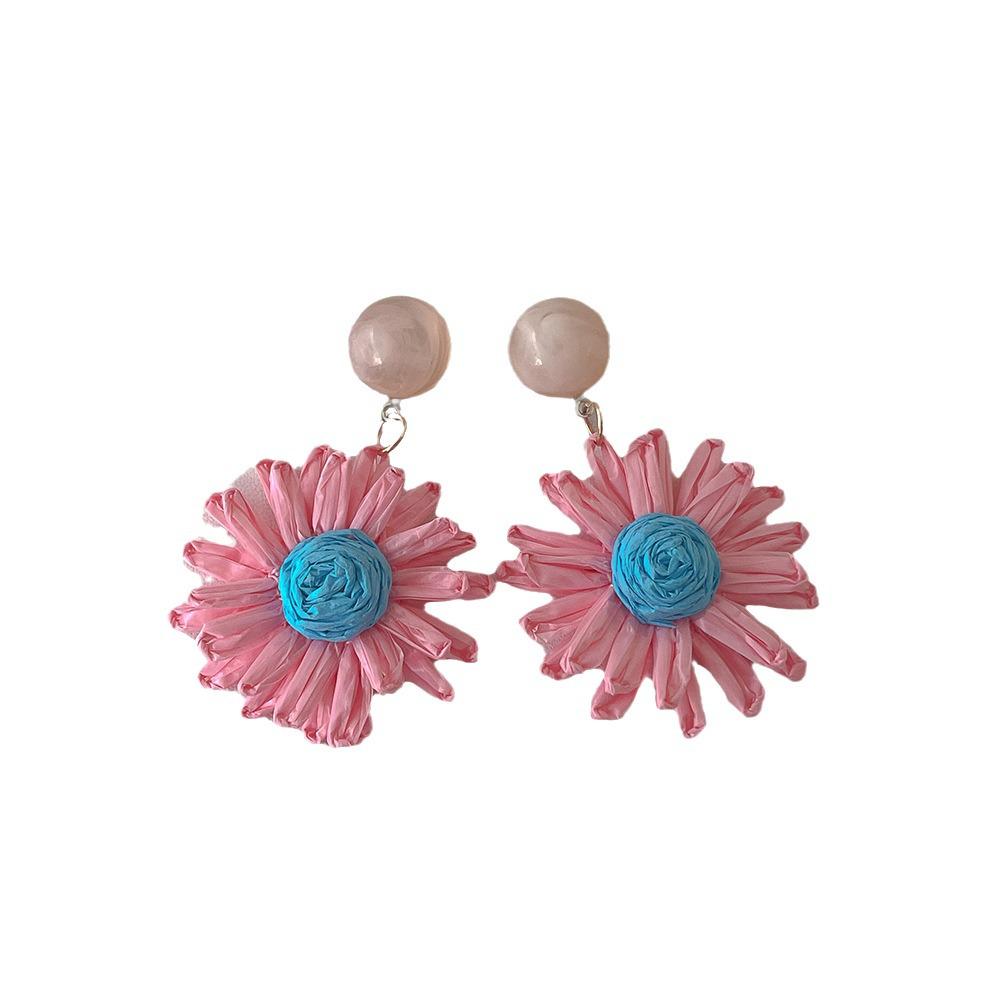 Colorful Raffia Flower Dangle Earrings - Summer Beach Vacation Style, European & American Fashion.