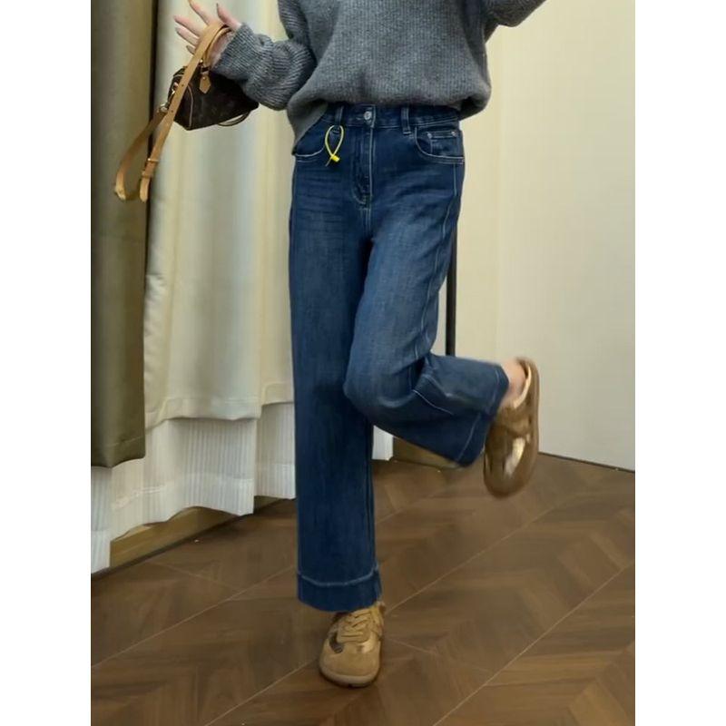 Blue Straight-Leg Jeans for Women, Summer New Style, Plus Size, High-Waisted, Stretchy, Slimming, Cropped Wide-Leg Pants for Pear-Shaped Body