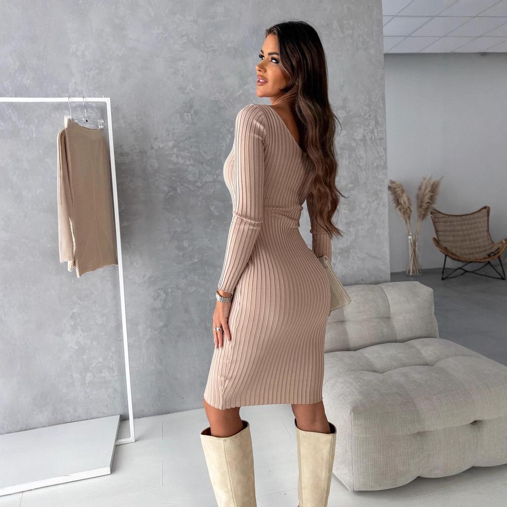 2024 Autumn/Winter Sexy Backless Deep V-Neck Long Sleeve Dress for Women - European & American Style