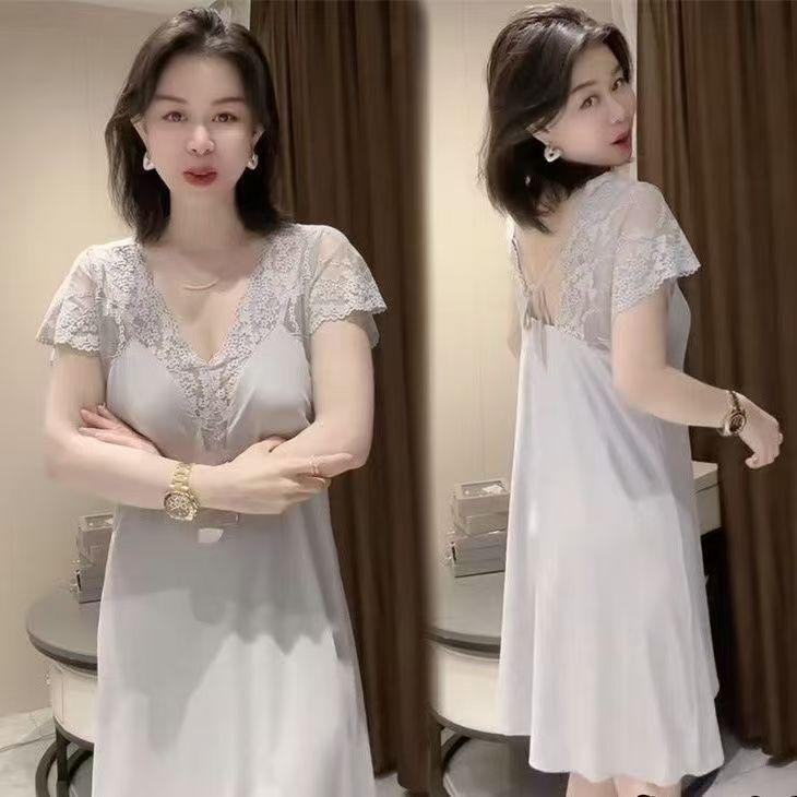 Women's Loose Ice Silk Summer Nightdress with Chest Pad