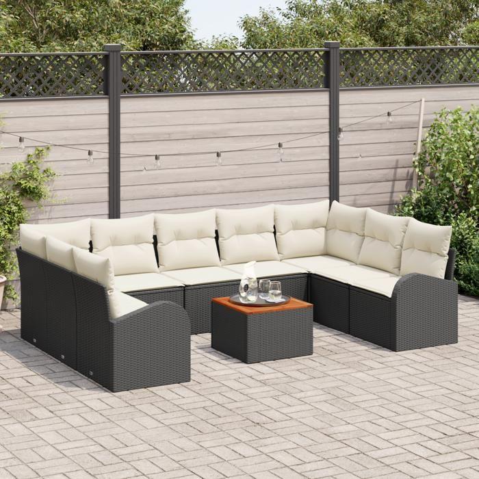 Ensemble de Canapé de Jardin 10 Pièces avec Coussins Noir Rattan Poly Acacia, Canapé de Jardin 2 Places avec Rangement 3356290