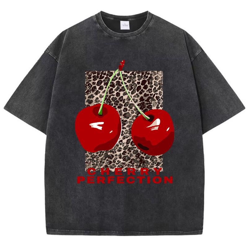 Cherry Perfection Washed T Shirt Women Cotton Leopard Prints Oversize Tops Vintage Black O-Neck T-Shirts Summer Woman Clothes