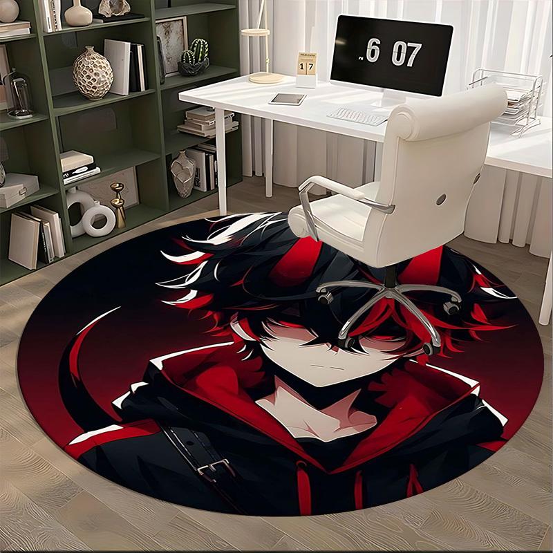1pc Anime Design Round Carpet - Red and Black Devil Theme Chair Mat for Office, Home Decor, Living Room