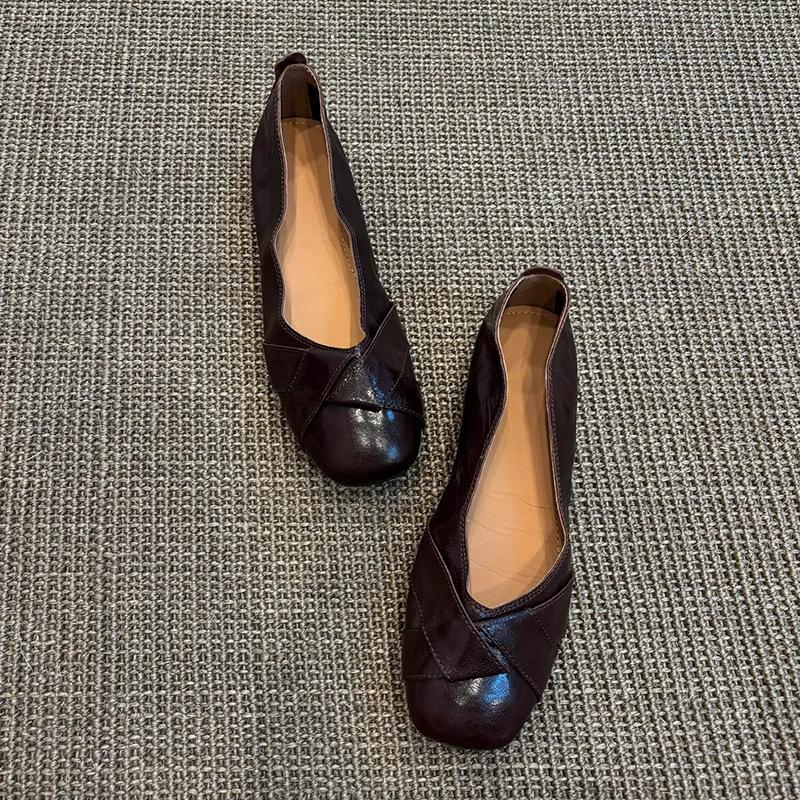

Leather version~ French fairy style square head one-pedal flat shoes commuting versatile retro leather light mouth single shoes women 40 коричневый