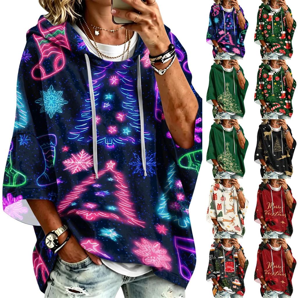 Women's Christmas Print Hooded Pullover Top with Three-Quarter Sleeves