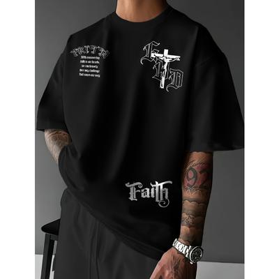 Hot Selling Men's New Summer Gothic Letter Cross Print Soft and Breathable Round Neck T-shirt Outdoor Street Style Top