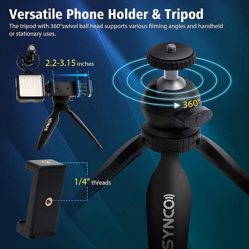 Smartphone-Camera-Video-Microphone-Vlogging-Kit, SYNCO Vlogger Kit 2 Shotgun Microphone with LED Light, Mini Tripod, Mini Ball Head, Phone Holder for