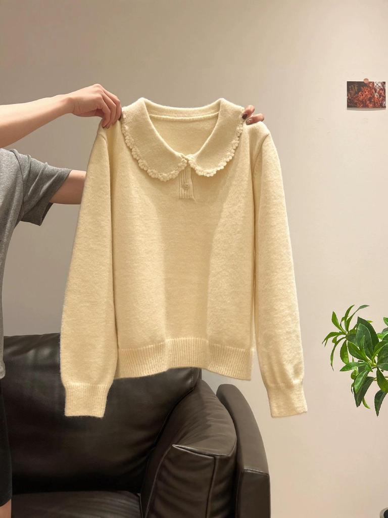 Milk-White Lace Doll Collar Sweater for Women - 2026 Spring Collection, Versatile Knitwear for Inner or Outer Wear