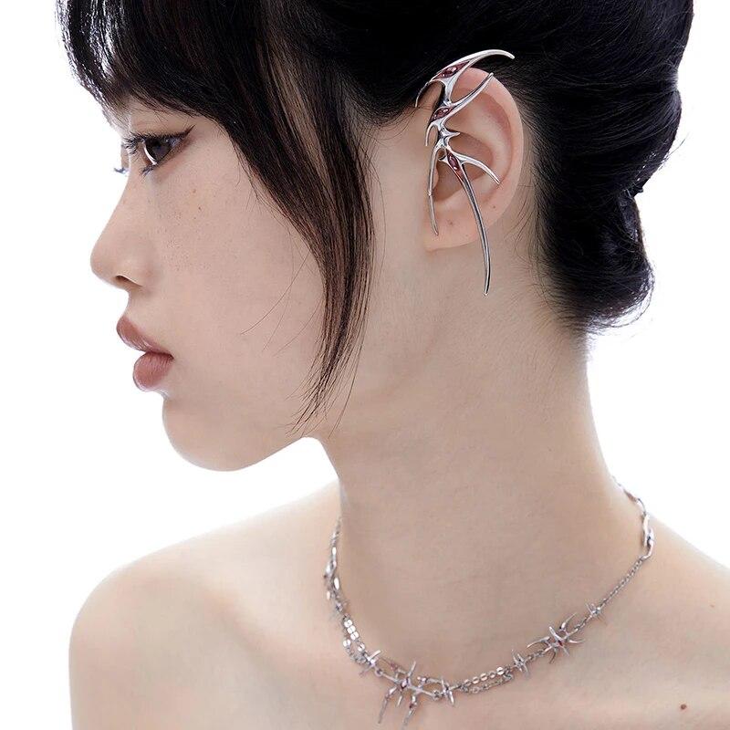 Gothic Punk Butterfly Ear Clip Women Fashion Red Rhinestones Elf Cosplay Earrings Party Jewelry Accessories Gift