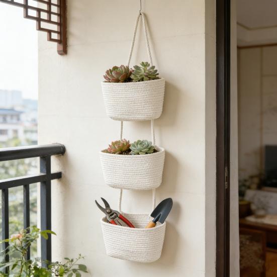 Rope Woven Storage Basket Boho Foldable Washable Hanging Baskets Multi-Tier Wall Mounted Organizer for Kitchen Produce Nursery Decor