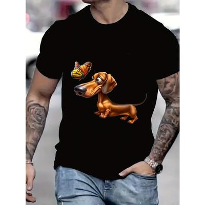 Europäische GrößenSommer Neuankunft T-Shirt, Mit Cartoon Dackel und einem Schmetterling bedruckt, Niedlicher Haustier-Cartoon-Stil
