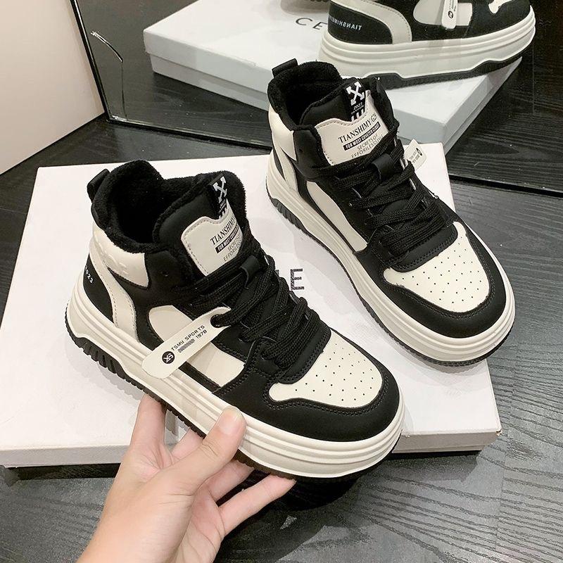 High Top Warm Thick Soled Board Shoes 2024 Winter Casual Color Blocked Velvet Sports Vulcanized Women's Shoes Platform Sneakers