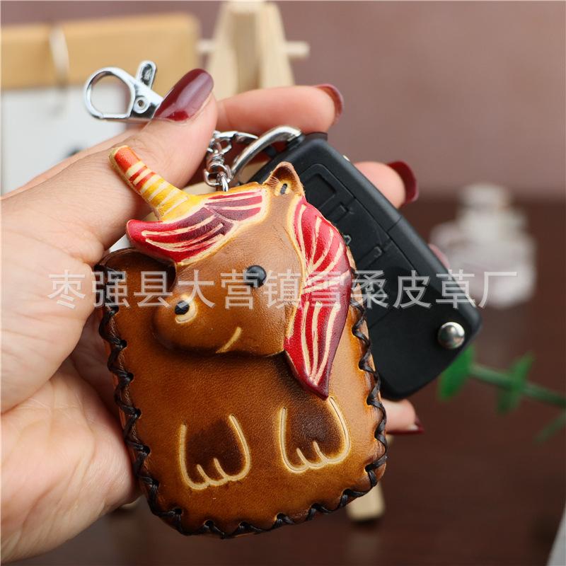 First Layer Cowhide Unicorn Access Control Card Bag, Keychain Pendant, Earphone Bag, Cute Trendy Buckle, Water Drop Card Bag.