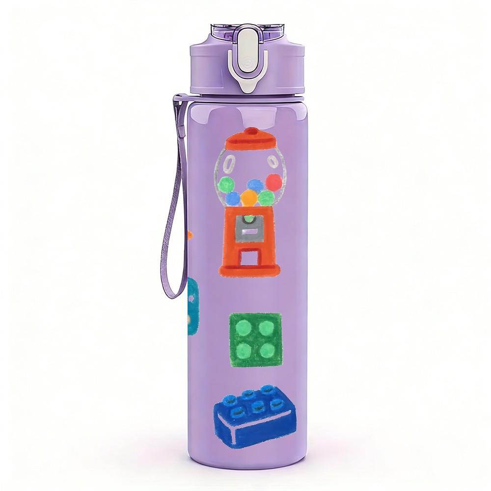 1PC Colorful Daily Life Cartoon Pattern 750ml Color Plastic Sports Water Bottle Leakproof Flip Straw Lid Suitable for Sports Office Home Use