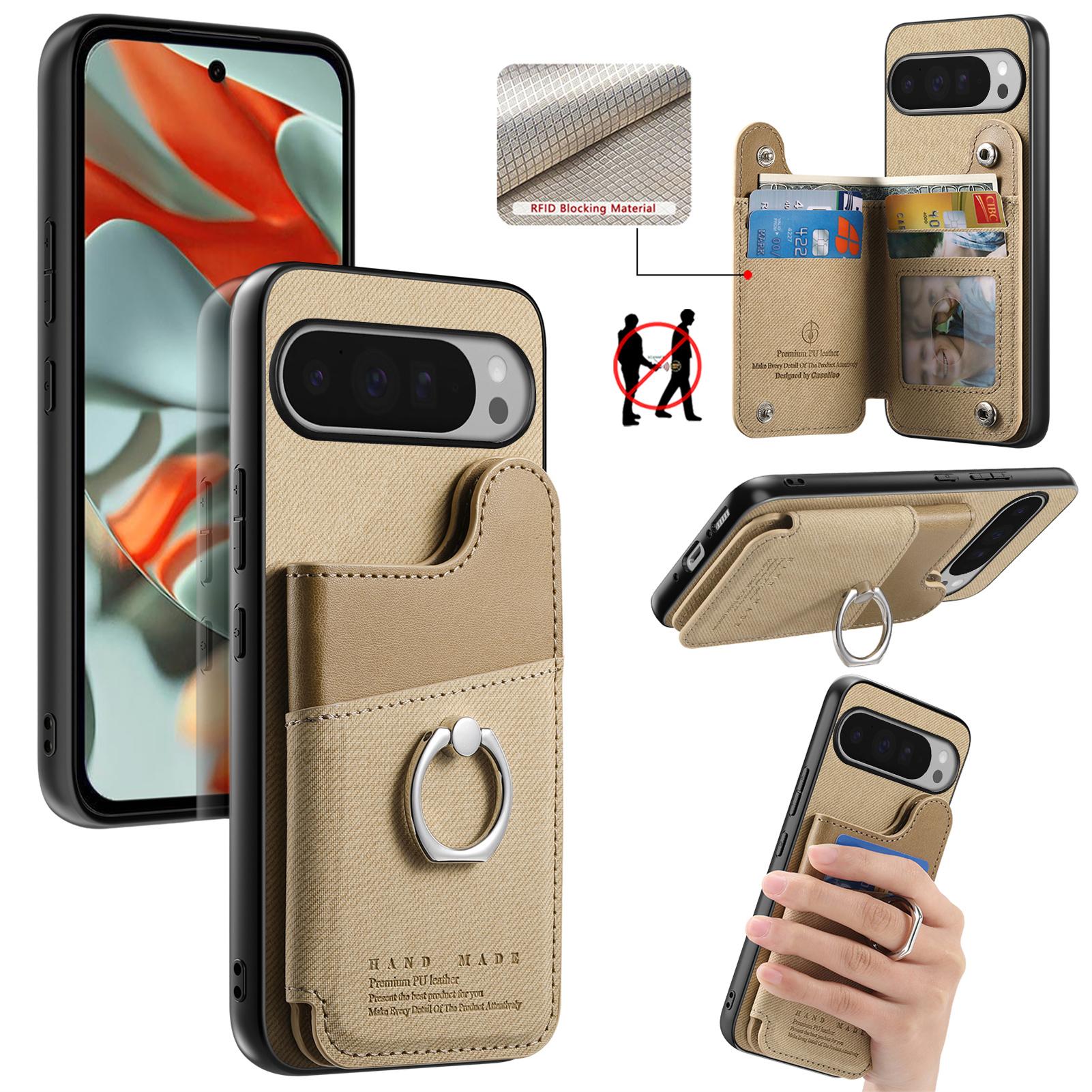 

For Google Pixel 9 Pro/Google Pixel 9/Google Pixel 10/Google Pixel 10 Pro Case with Card Holder Kickstand Leather+TPU+PC Phone Cover Khaki